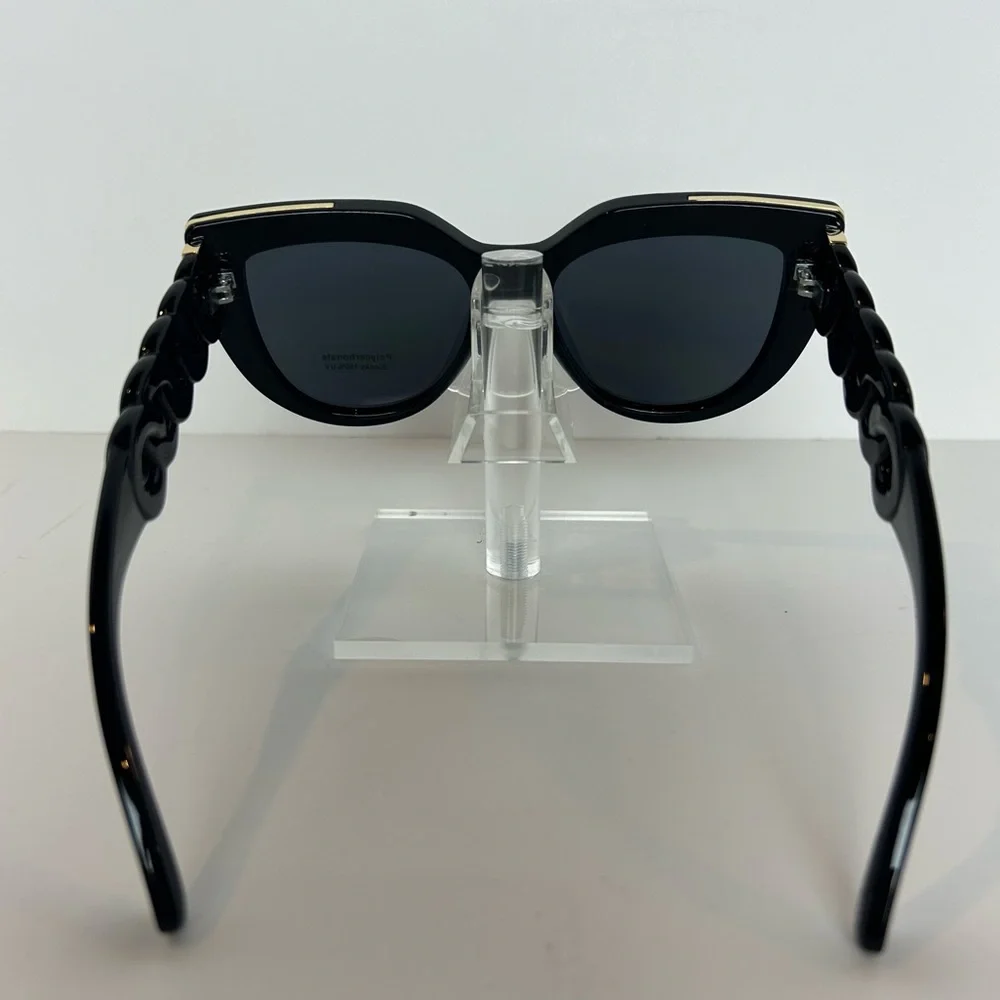 Sunglasses Women's Black With Round Link Design Gold Trim Oversized Cat Eye NEW